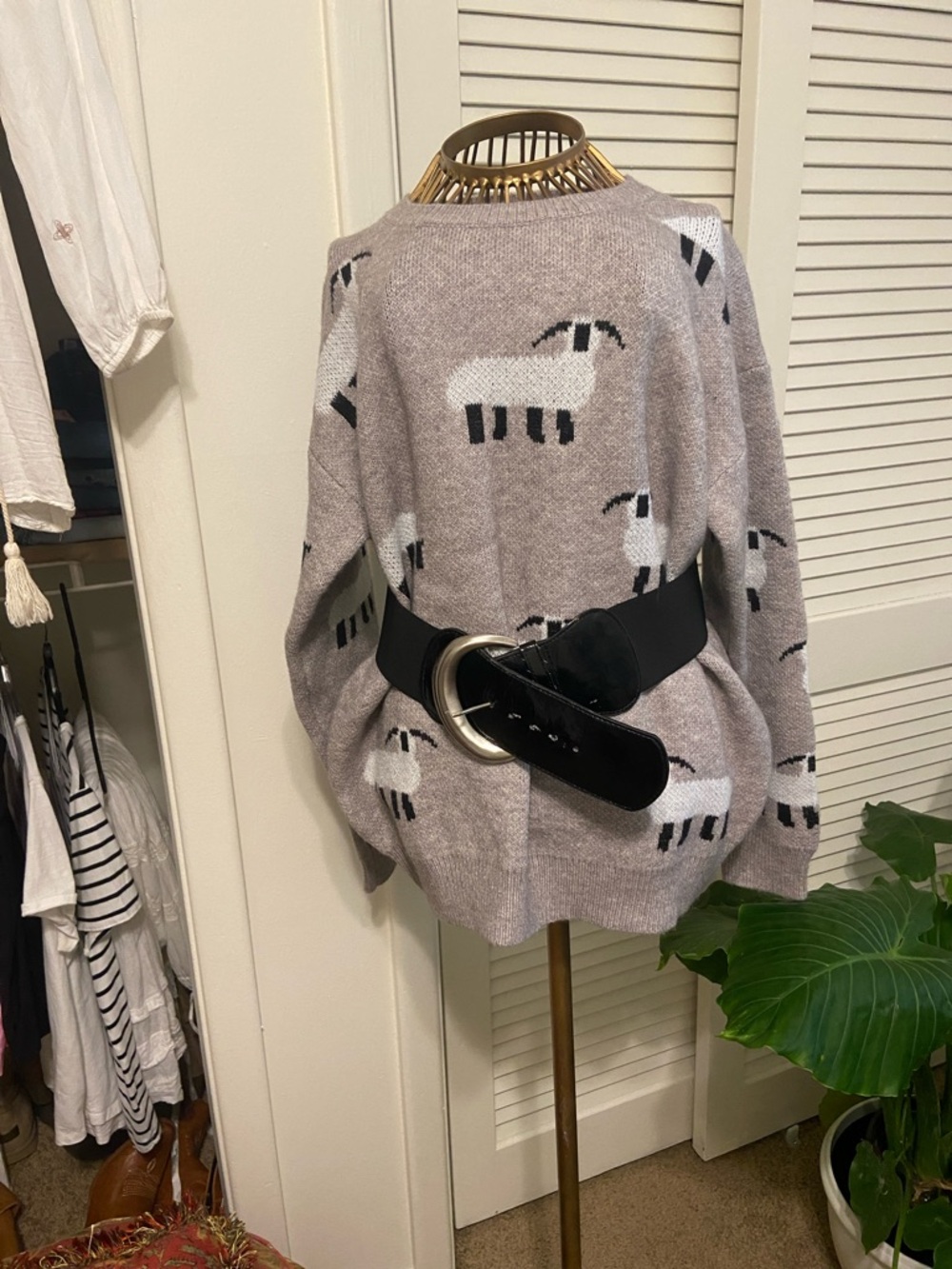 SHEIN Taupe Sheep-Print Crewneck Sweater